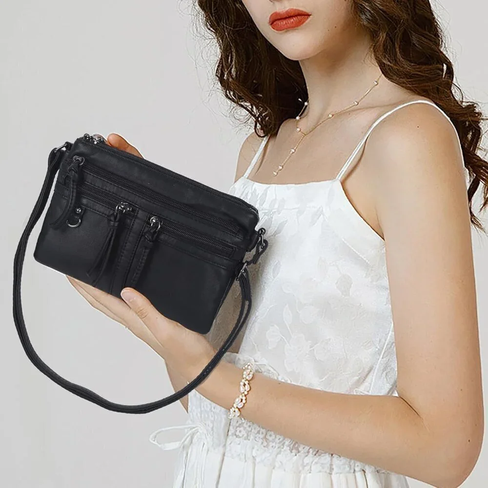 Leather Crossbody Bag Women Small Multi-Pocket Zipper Shoulder Purse